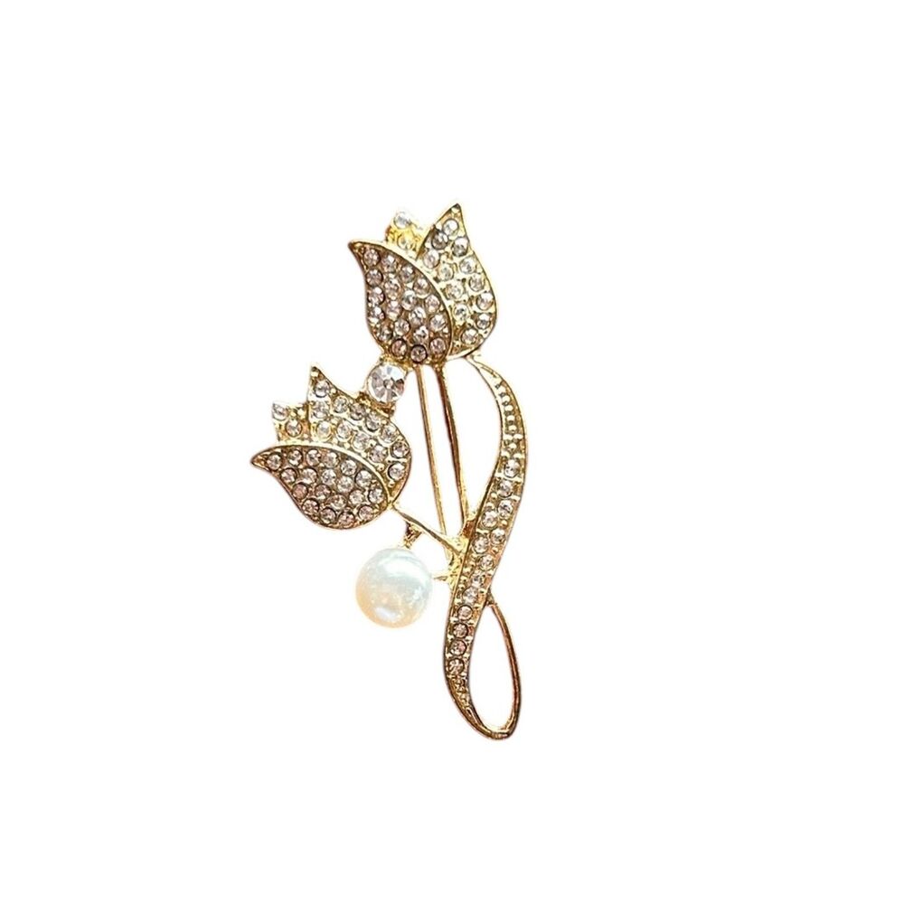 Vintage Gold Tone Tulip Brooch Rhinestone Flower Pearl Accent Pin
